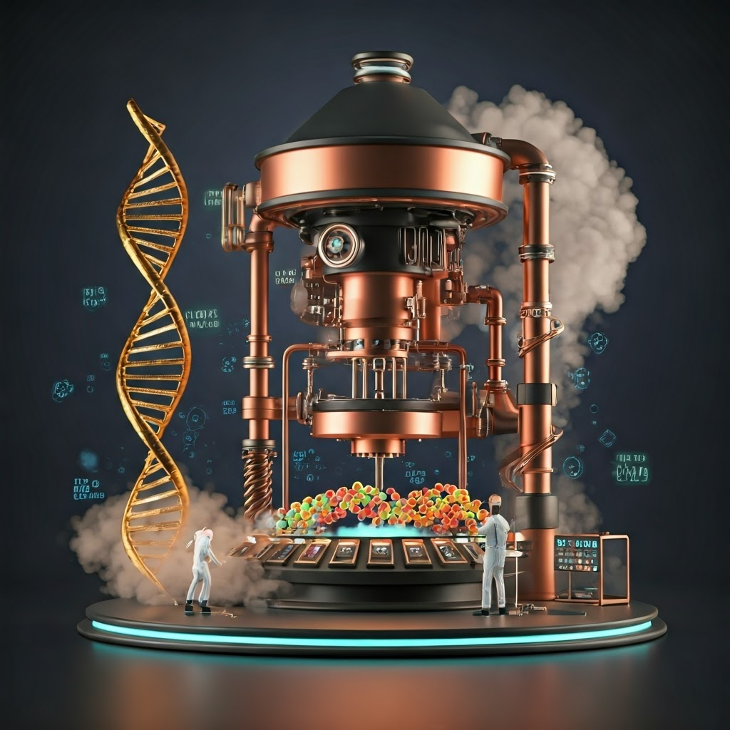 A futuristic factory where a double helix unwinds into RNA, which then feeds a machine assembling a protein chain.