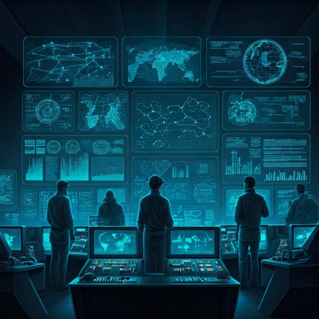 Engineers in a neon-lit control room oversee holographic maps of global power flows