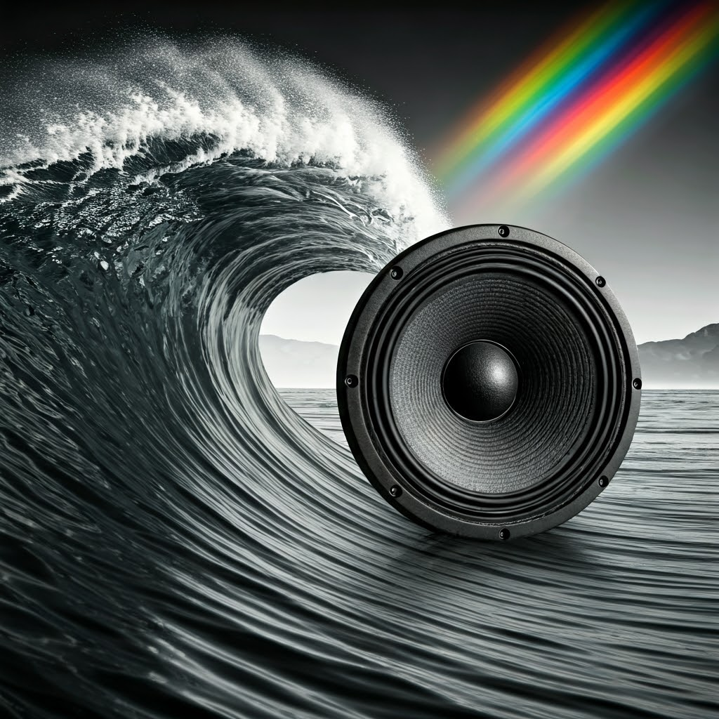 Ocean crest, vibrating speaker, and rainbow light beam, linking speed, frequency, and wavelength.