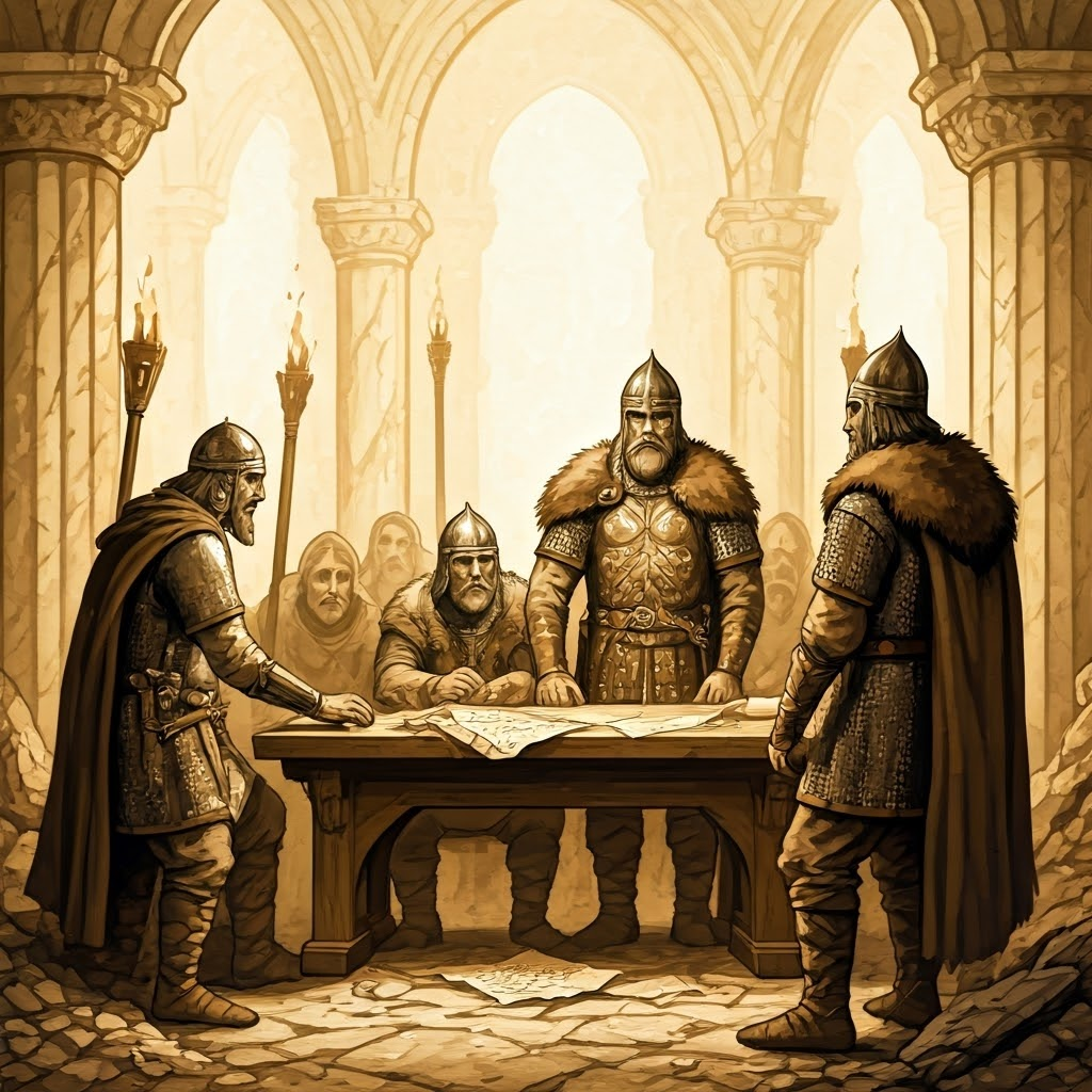 Germanic warlords planning in a crumbling marble throne room lit by torches