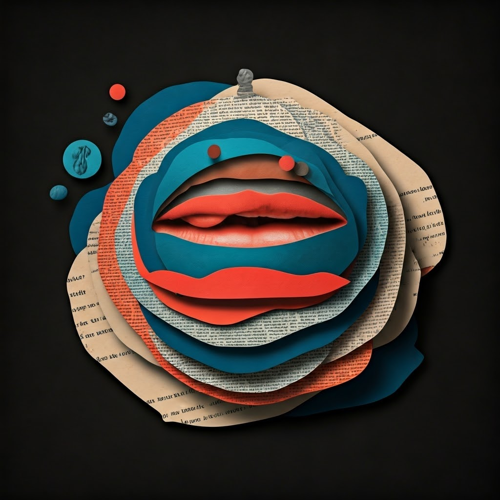 Collage of layered self-attention diagrams with floating speech snippets