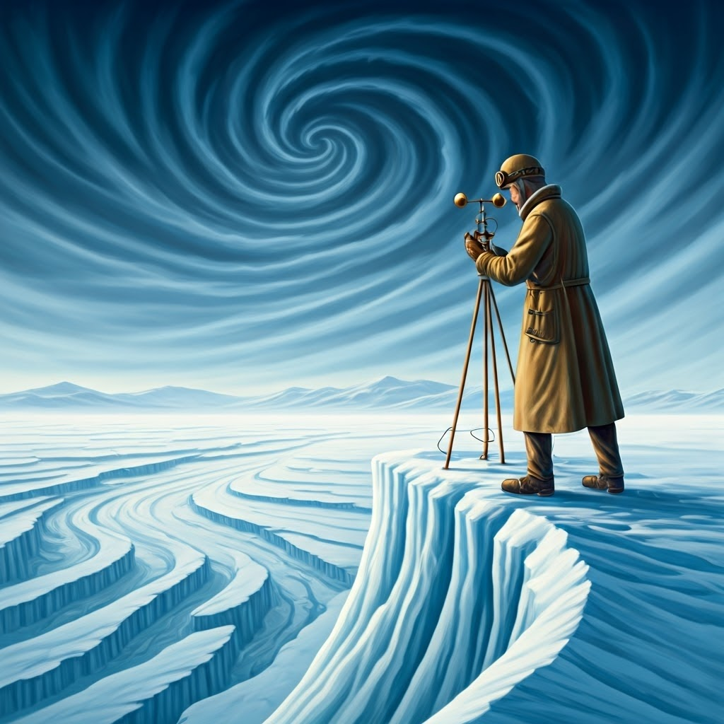 A weather scientist faces roaring katabatic winds atop an ice ridge, vintage instruments gleaming—showing how altitude and wind deepen Antarctic cold.