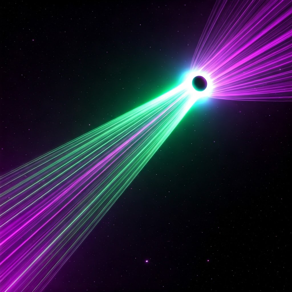 Narrow purple-green jets shooting from a black hole’s poles through a starry galaxy