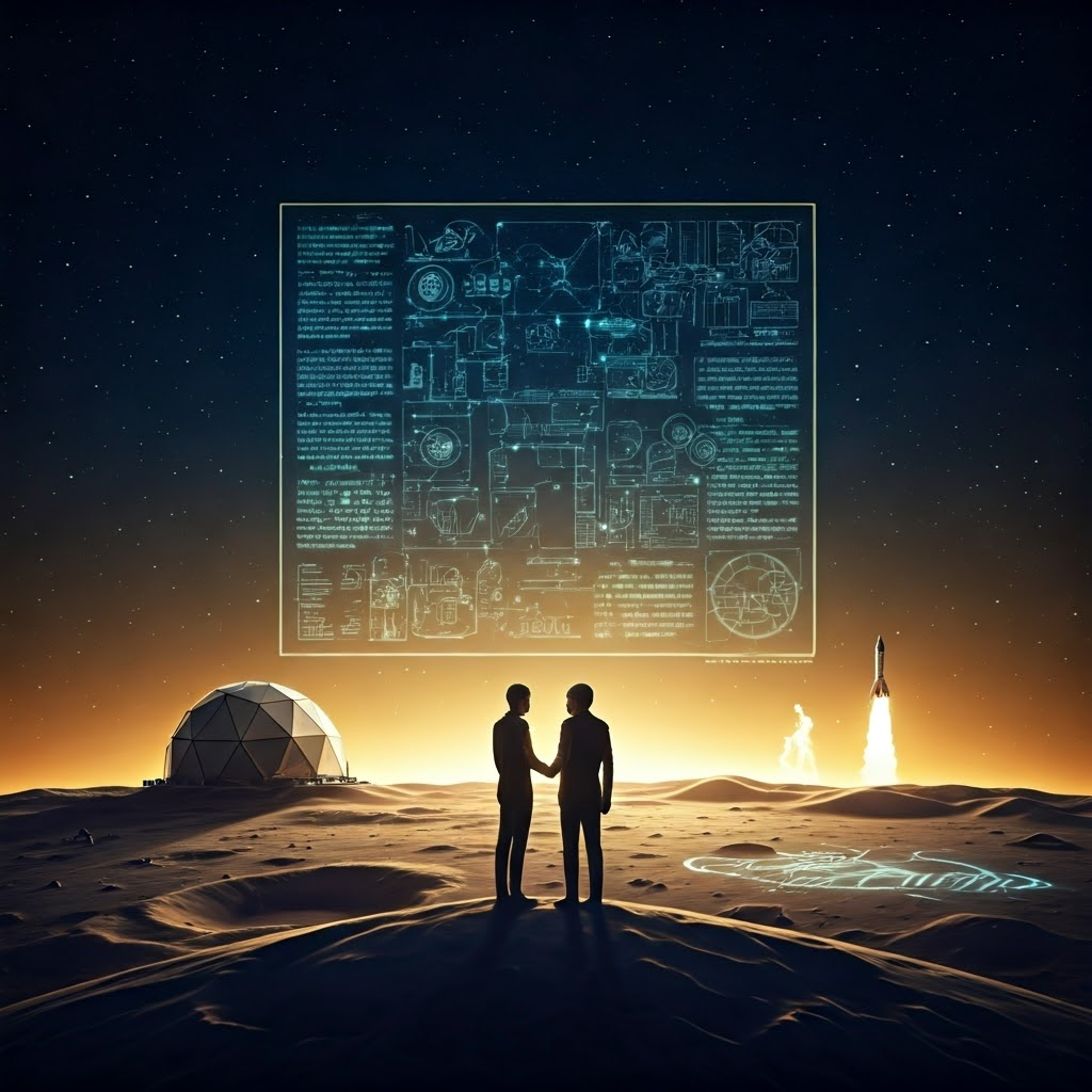 Two representatives shake hands on a crater rim while digital rules glow on lunar soil