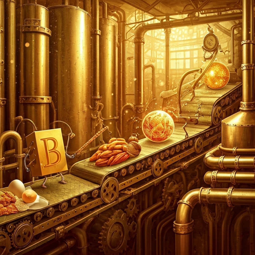 Steampunk factory where B-shaped workers turn grains, eggs, nuts, and leaves into glowing energy orbs