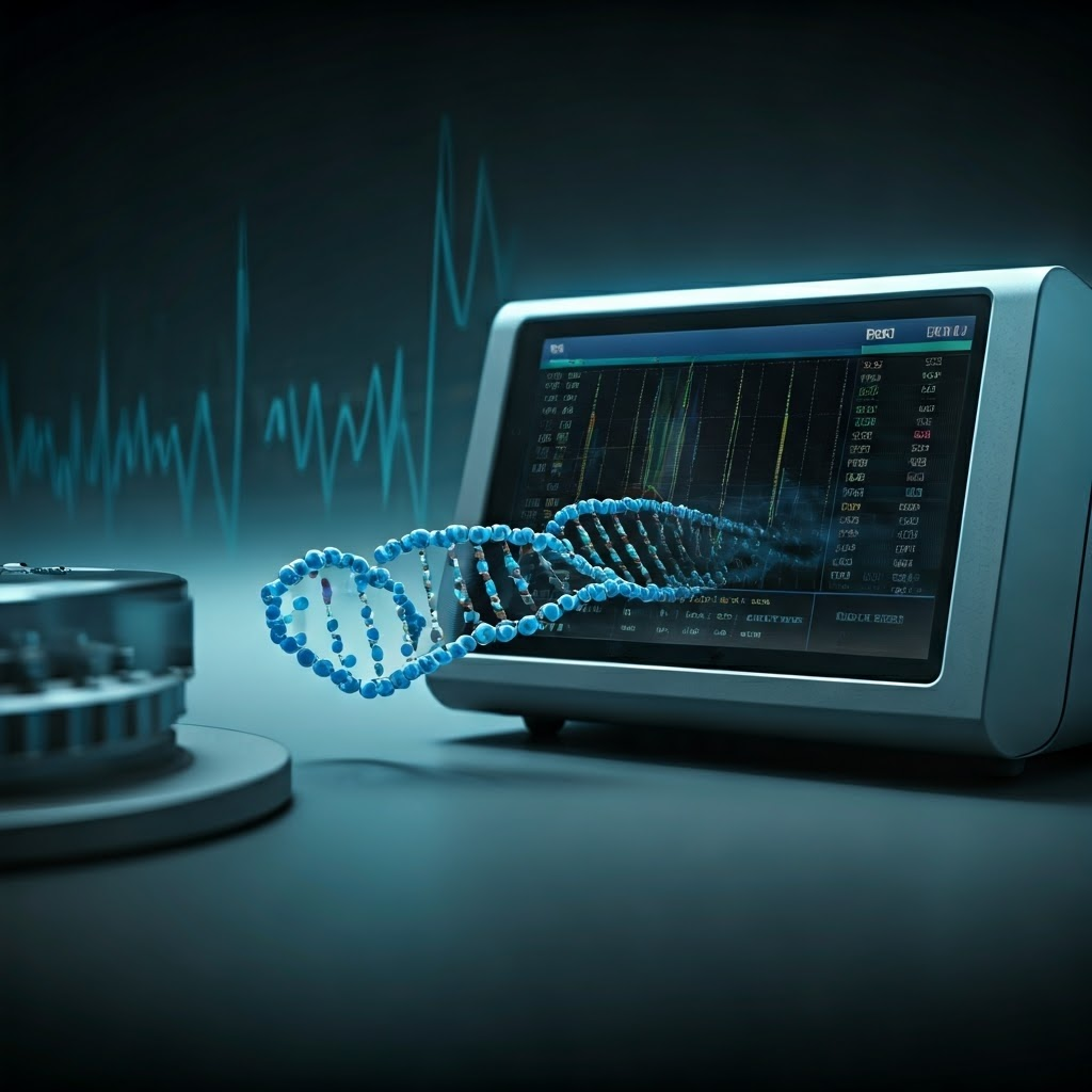 Close-up of a DNA strand moving through a nanopore with real-time data spikes and a PacBio sequencer display.
