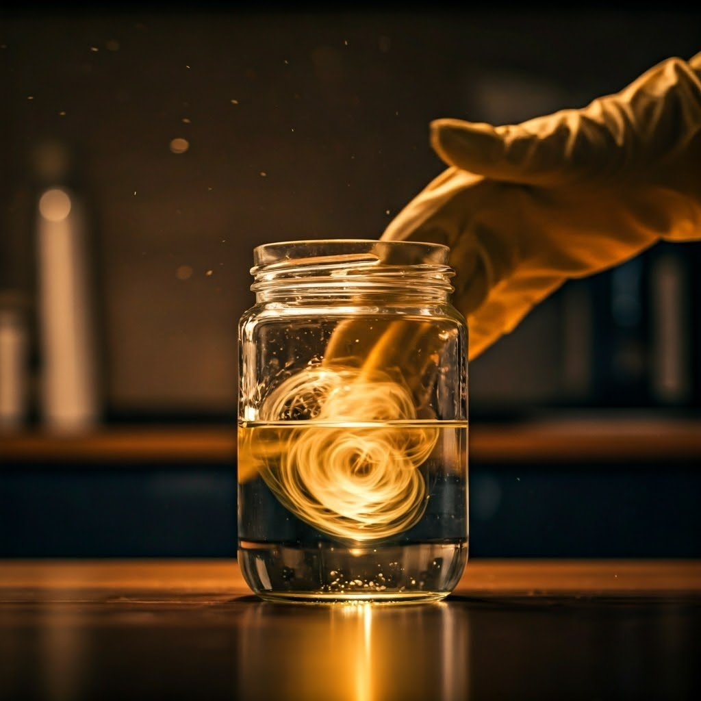 Jar of water and oil; a gloved hand shakes it, creating glowing droplets in a kitchen setting.