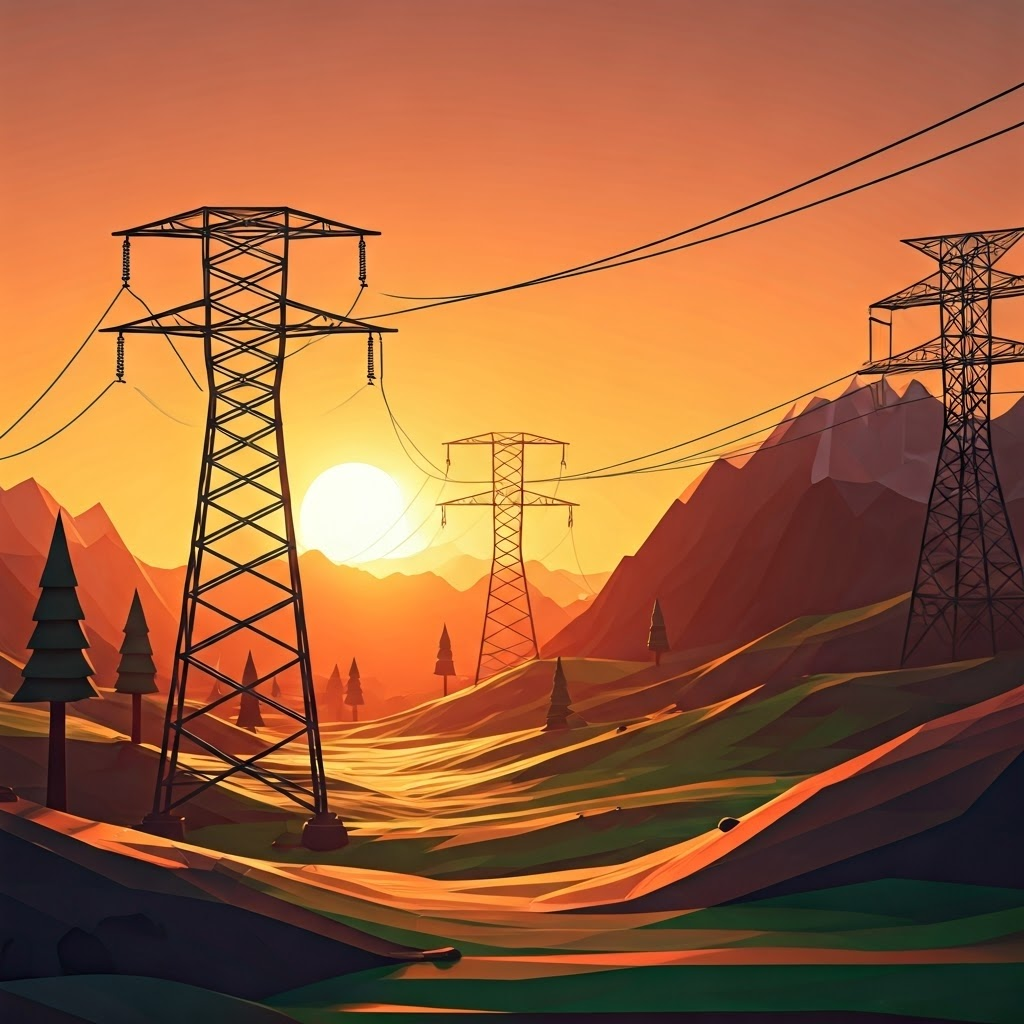 Low-poly sunset landscape with high-voltage towers marching over hills