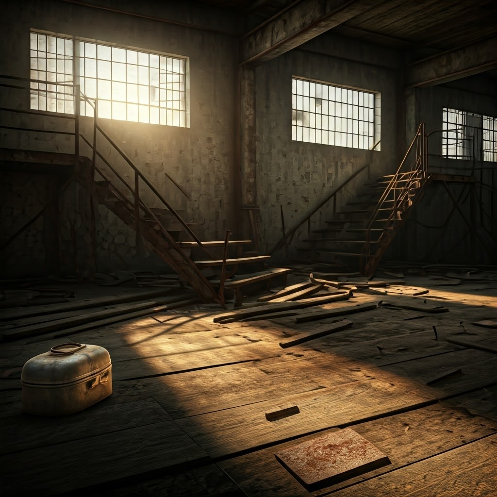 Soft light streams through dusty windows of an abandoned warehouse where a lone explorer reaches toward a dented lunchbox, hinting at untold history.