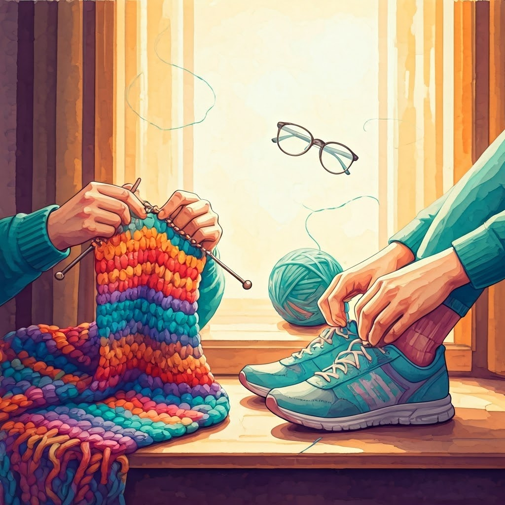 Cozy watercolor of knitting hands, laced with faint neural lines, showing everyday learning and adaptation.