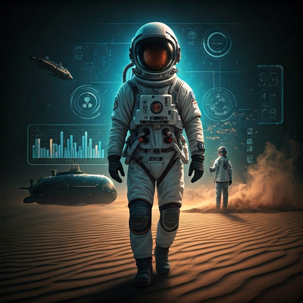 Illustration links data from desert, polar, and ocean missions to highlight shared survival metrics.