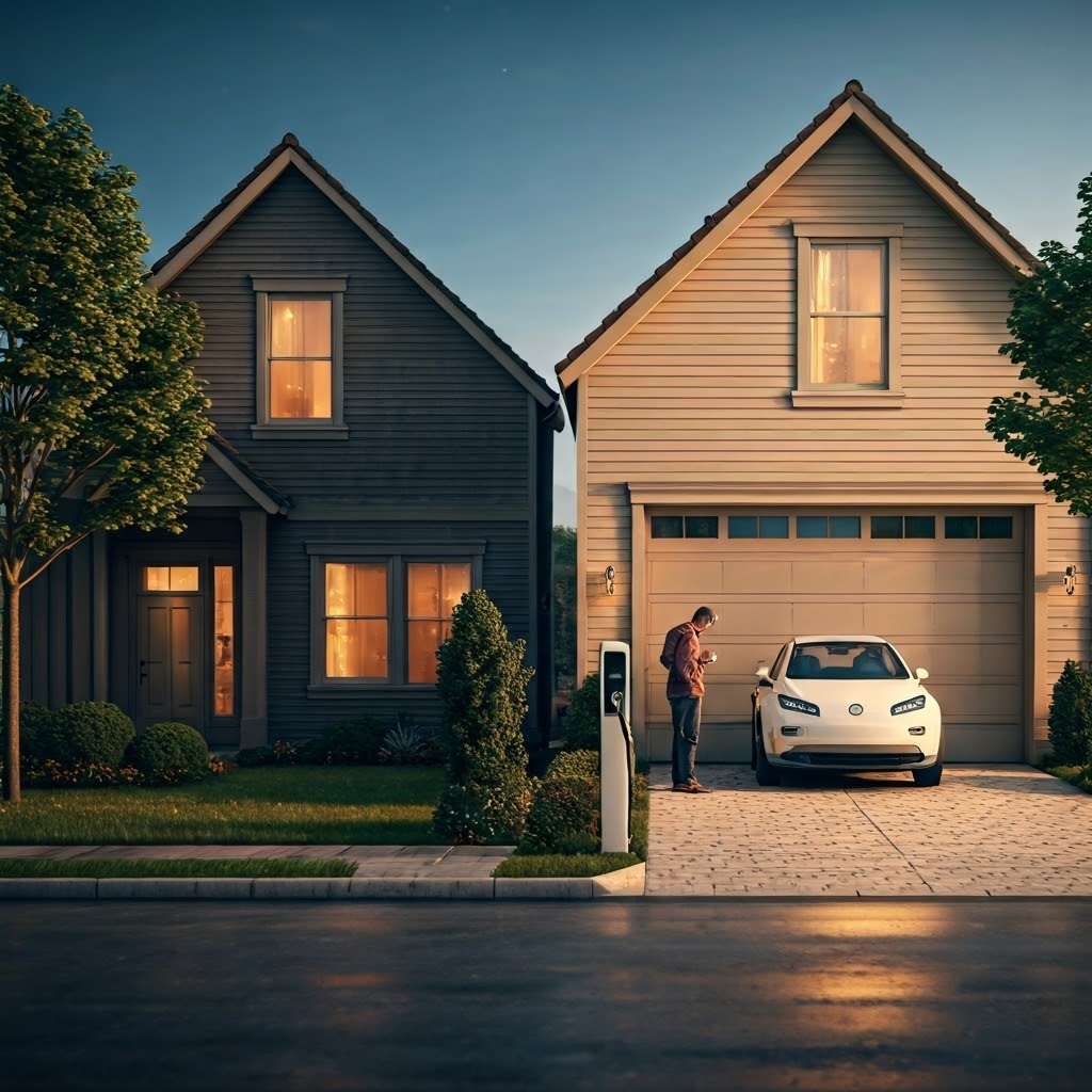 Two neighbors: one charges at home, the other waits at a public kiosk, showing lifestyle contrast