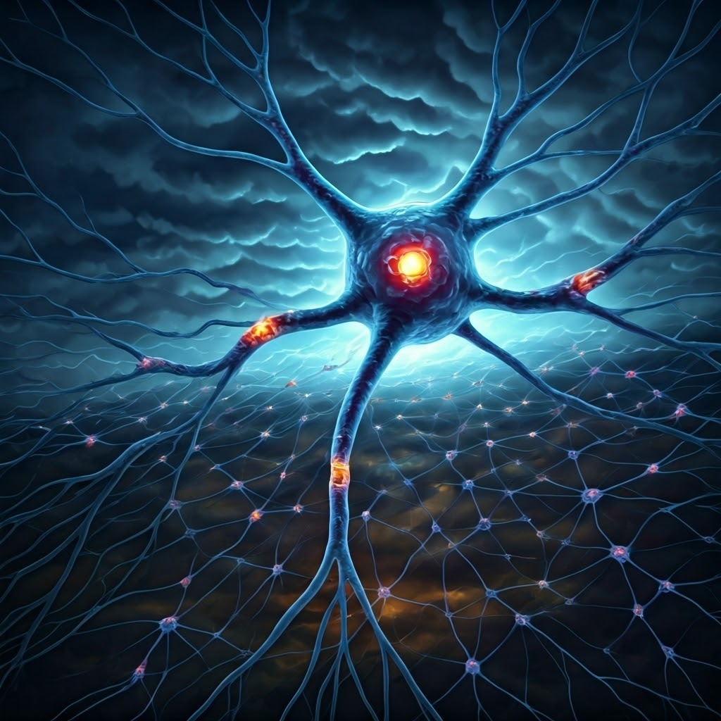 Network of neurons with damaged myelin under a stormy digital sky