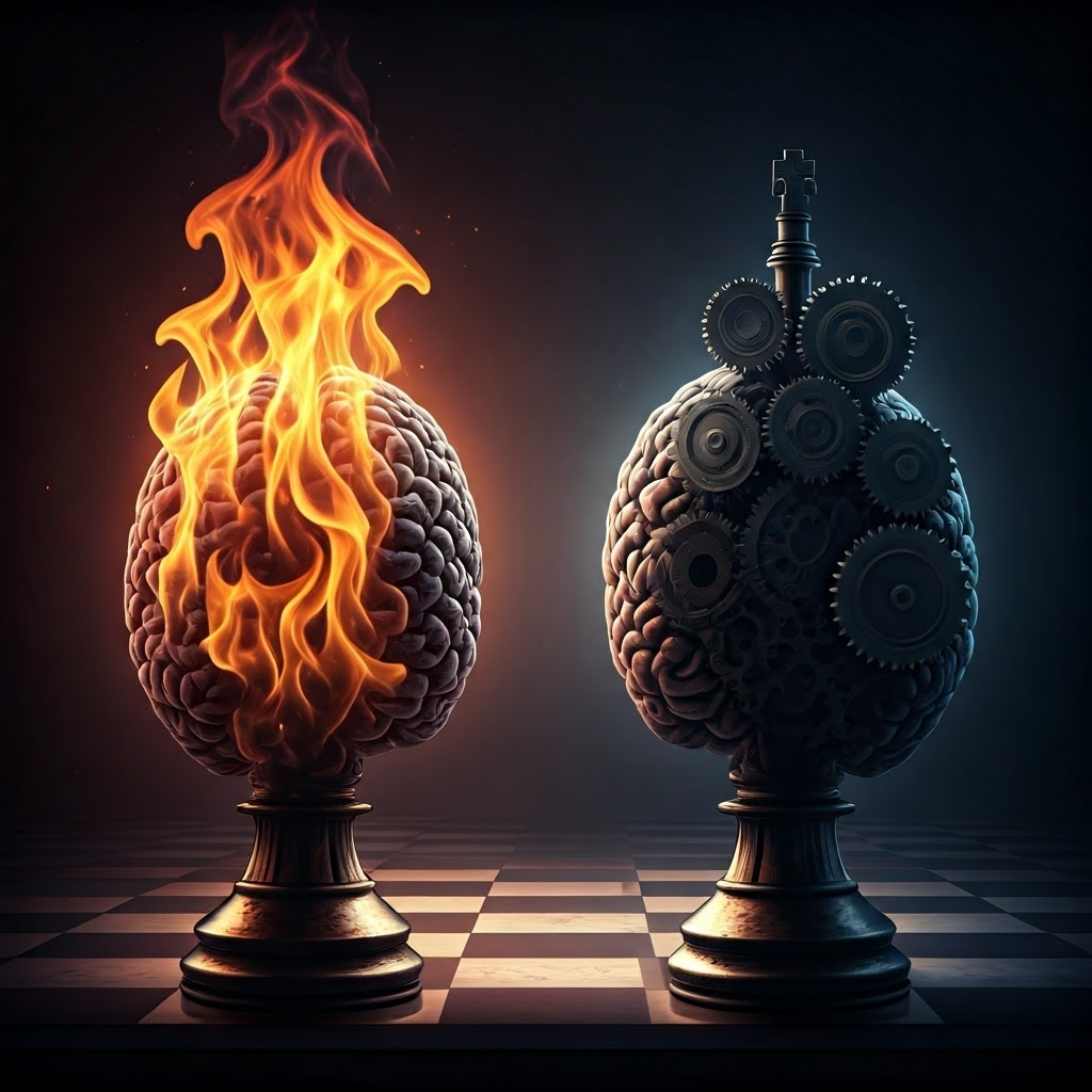 Chessboard in a brain with fiery emotion versus gear-driven reason, highlighting inner debate.