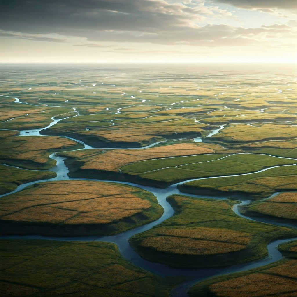 Aerial panorama of the lush ancient Fertile Crescent with winding rivers and green hills.