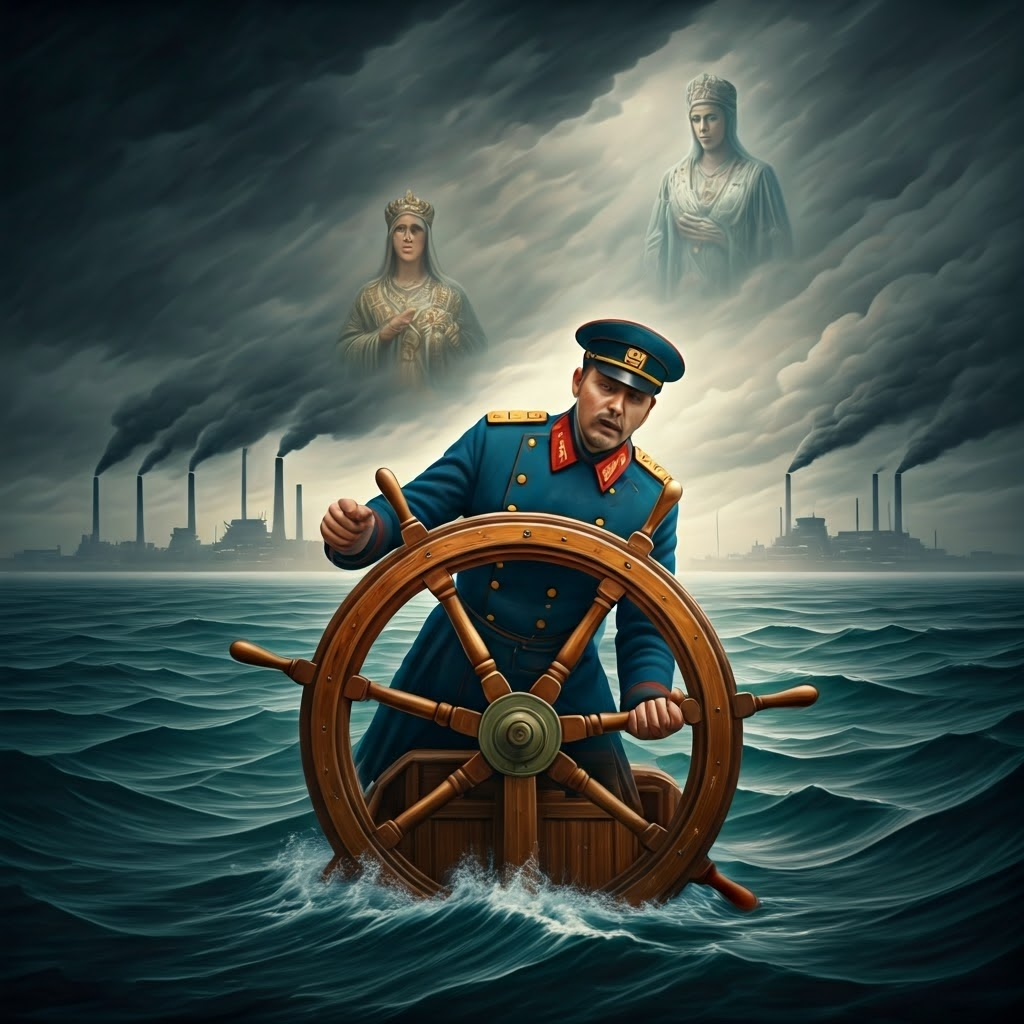 Surreal scene of Nicholas II as a ship captain battling a storm, symbolizing Russia's political turmoil before the revolution.