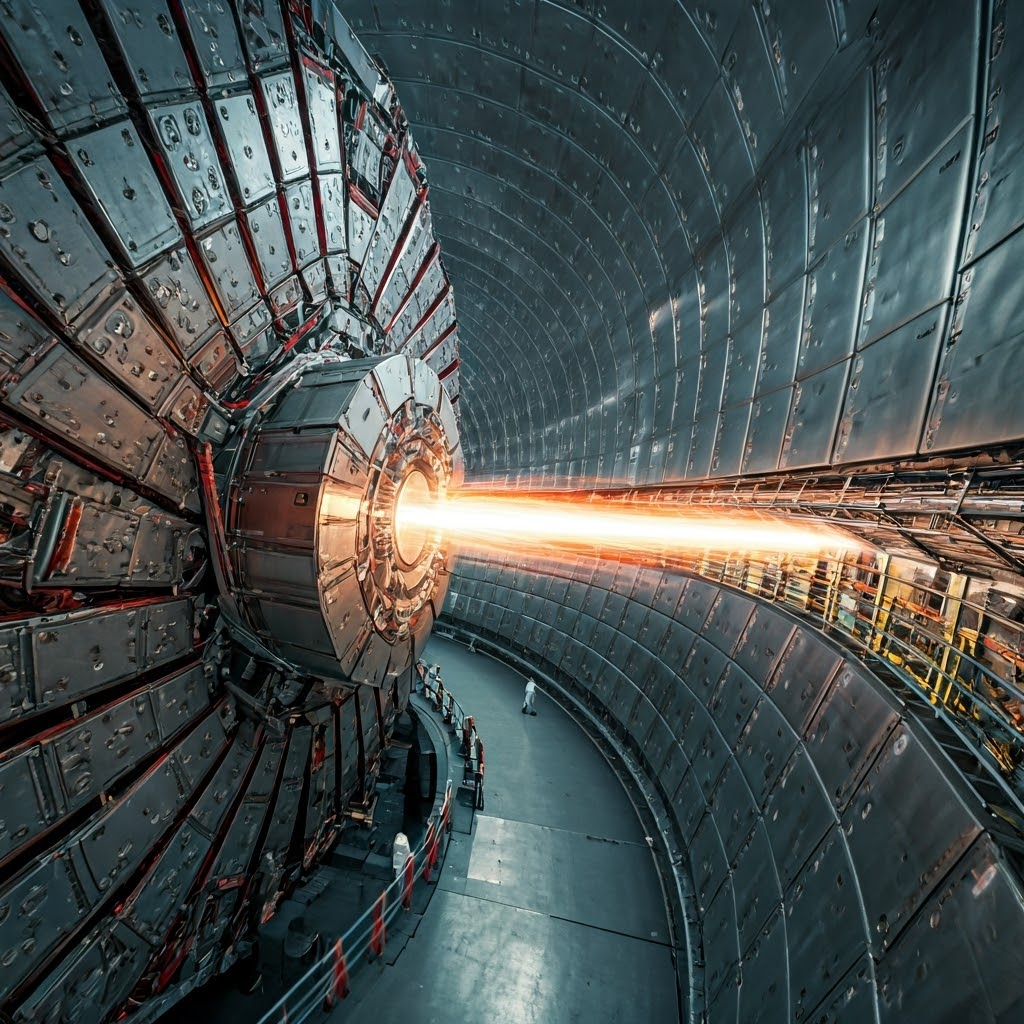 Scientists observe glowing particle collisions inside a vast accelerator tunnel, where near-light speeds demand relativistic calculations.