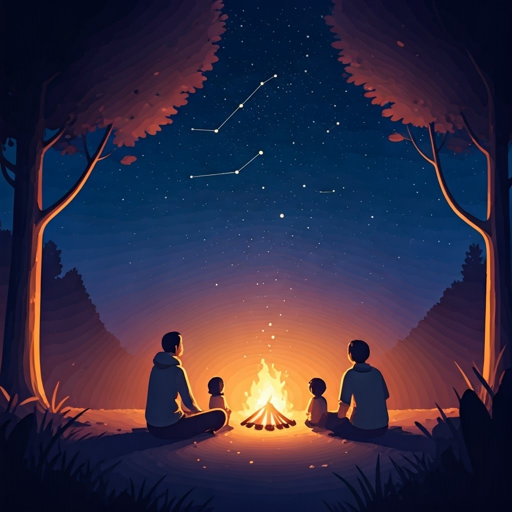 A modern family sits by a campfire under the stars, children pointing at constellations in a cozy night scene