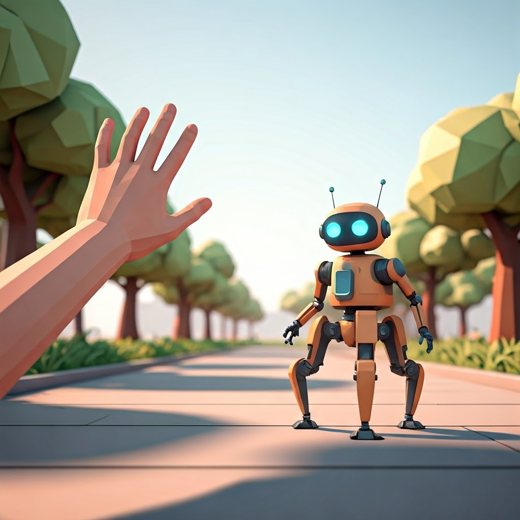 Low-poly human waves to small quadruped robot in a park, demonstrating mixed gesture and speech interaction