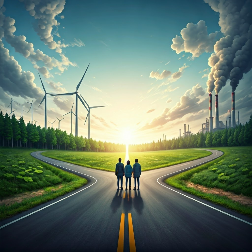Forked road toward clean energy or pollution visualizes divergent climate paths.