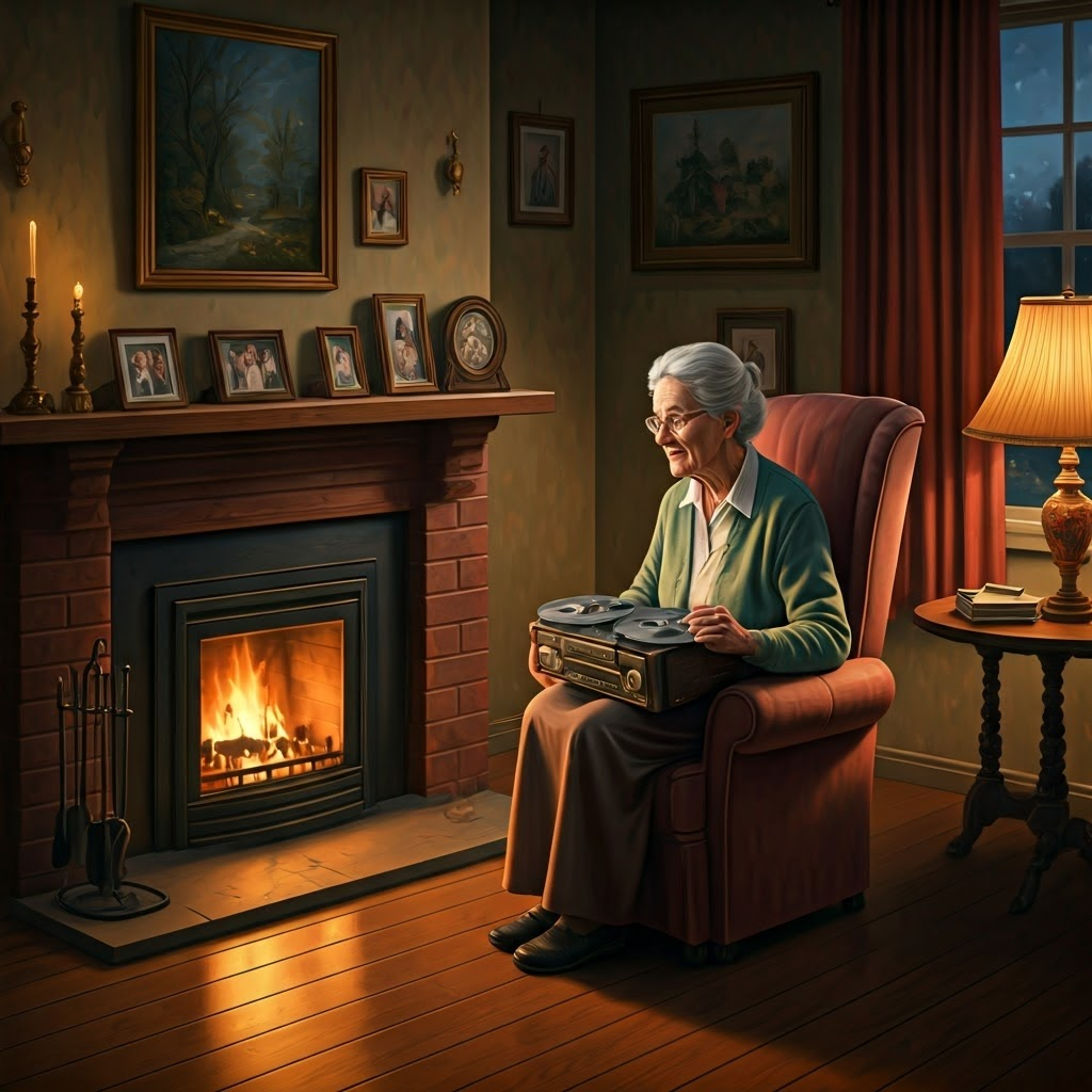 Grandmother by a fireplace recording her wartime memories on a reel-to-reel tape, warm glow and family photos surrounding her