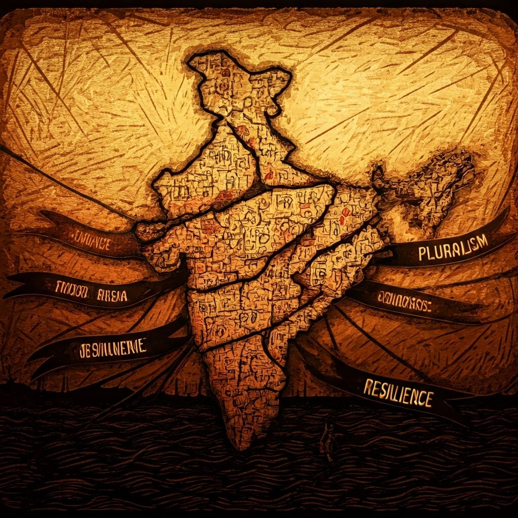 Woodcut map of India stitched by multifaith threads, some frayed yet holding