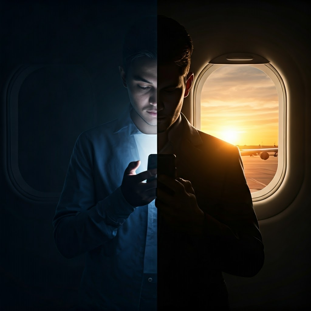 High-contrast silhouette art of a screen-lit night owl on one side and a sunrise traveler on the other, showing rhythm disruption.
