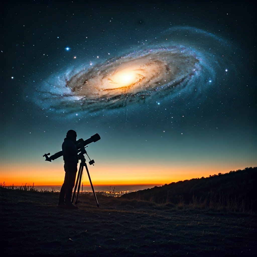 An observer looks through a telescope, seeing distant galaxies arch across the sky