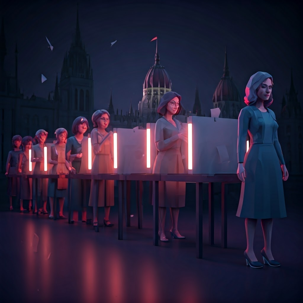 A stylized low-poly 3D render showing women of various backgrounds lining up at voting booths, polygonal models with smooth geometric faces, soft neon lighting casting colorful shadows, ballot boxes with the date “1893” embossed, a distant Parliament building, style: low-poly digital artwork with modern futuristic vibe, vibrant color contrasts, minimalistic yet emotive shapes