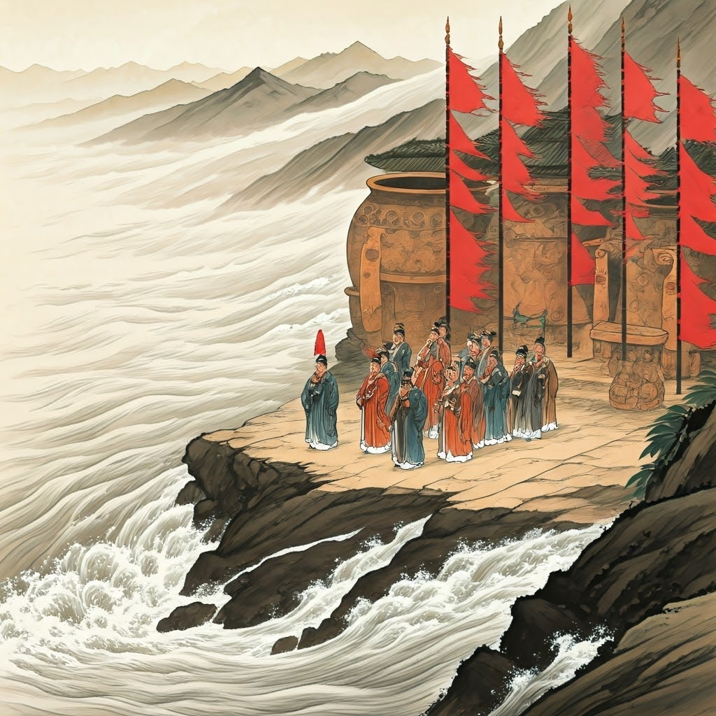 Ink wash painting of a Chinese emperor leading a ceremony by the turbulent Yellow River, balancing respect and fear.