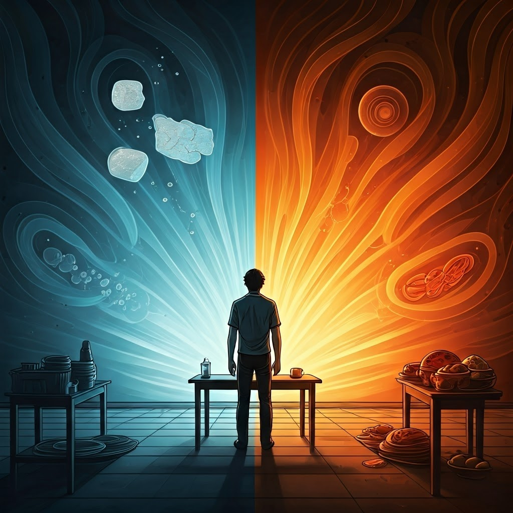 Split-panel graphic: cool blues show fasting energy draw, warm oranges show a hearty meal turning into stored nutrients—highlighting the balance between breakdown and buildup.