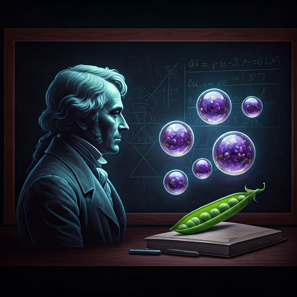 Silhouette of Mendel watching marbles turning into pea pods in a 3:1 ratio, chalkboard equations faintly glowing.