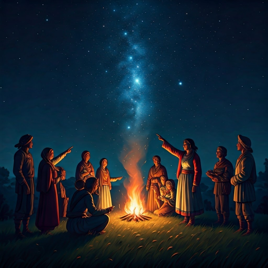 A multicultural group around a campfire points toward bright stars, the fire’s glow highlighting their shared wonder.