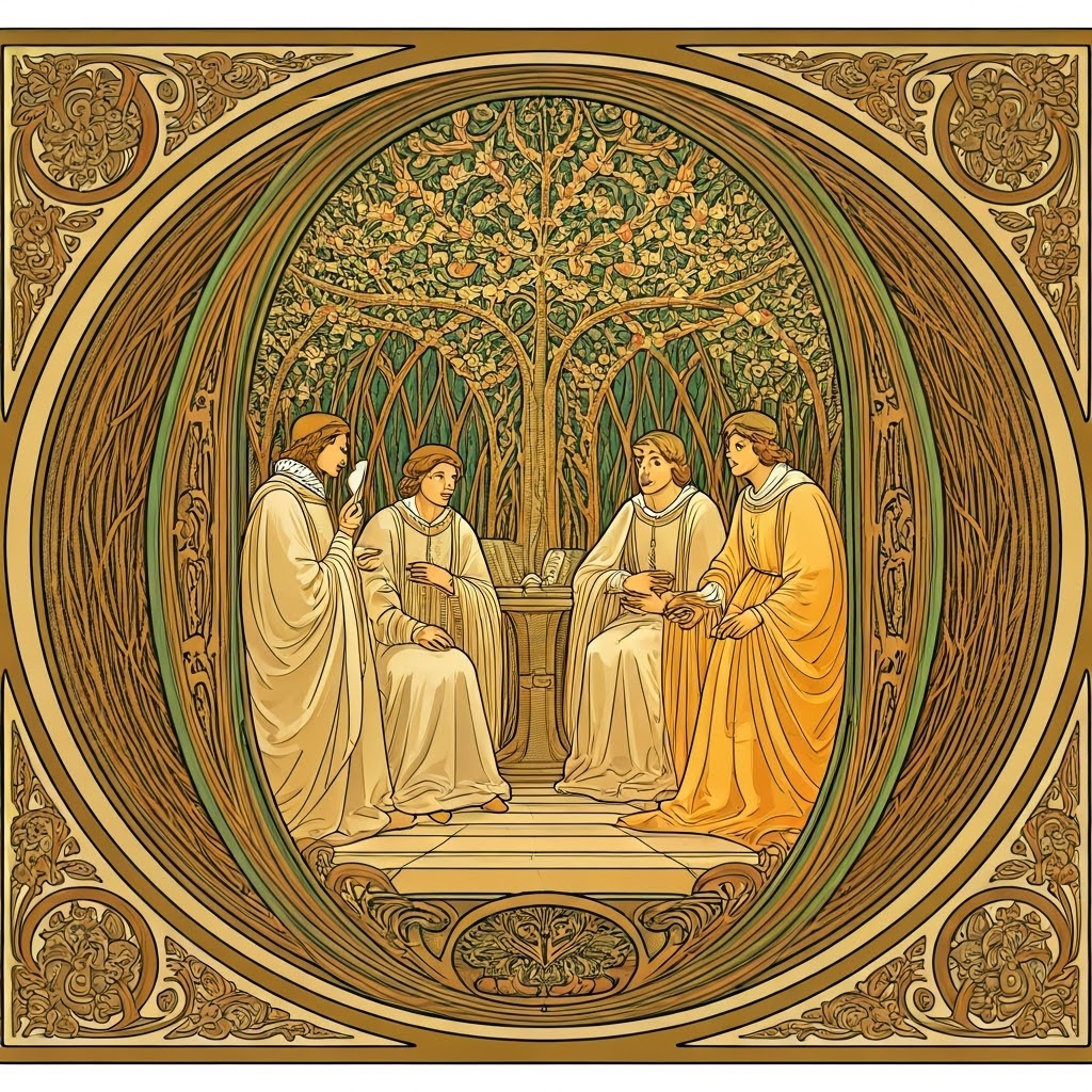 Renaissance scholars debate under ornate Art Nouveau vines and borders, their gestures animated and lively.