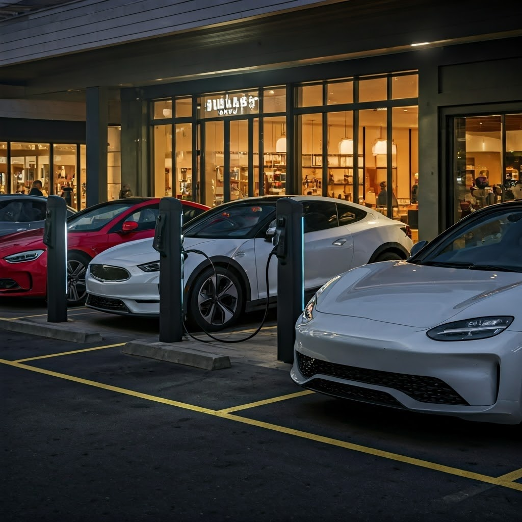 Mall parking lot with DC fast chargers and nearby café, demonstrating quick public stops