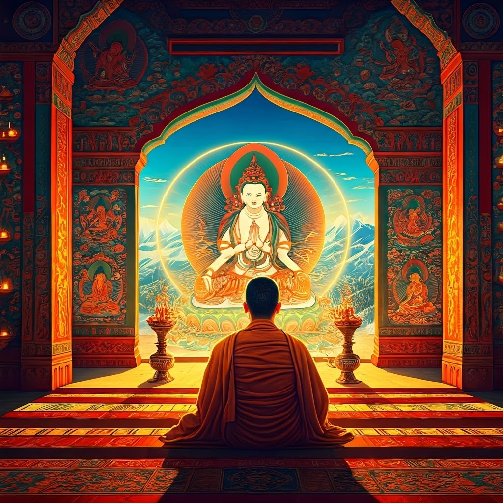 Colorful Tibetan temple interior where a practitioner visualizes a radiant deity amid swirling mantras.