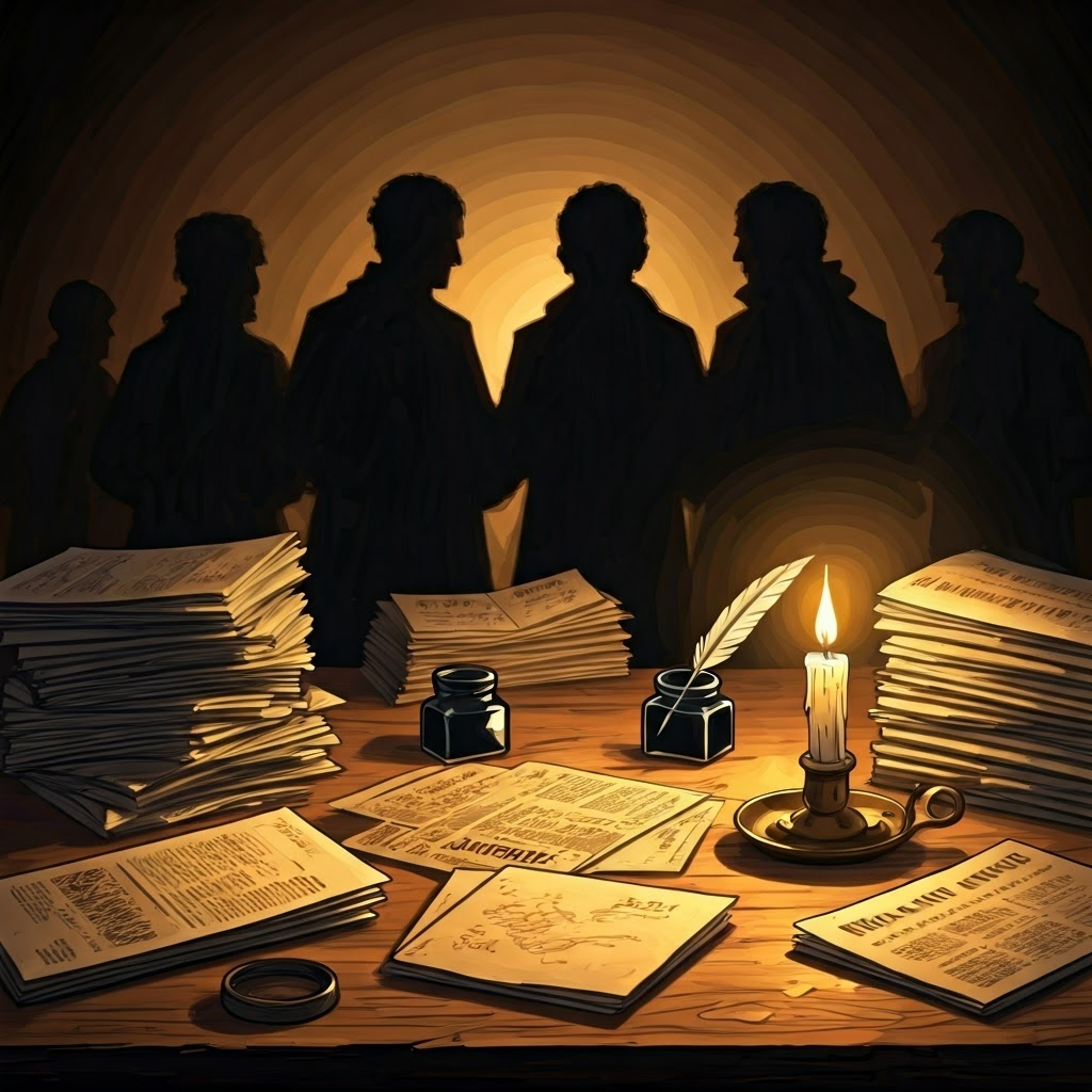Dramatic sketch of pamphlets, newspapers, and quills scattered across a candle-lit table while shadowy figures debate in the background.