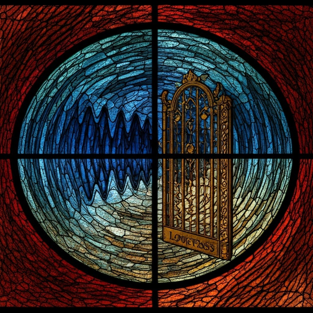 Stained glass shows waves passing through a gate labeled Low-Pass, visualizing filter types.