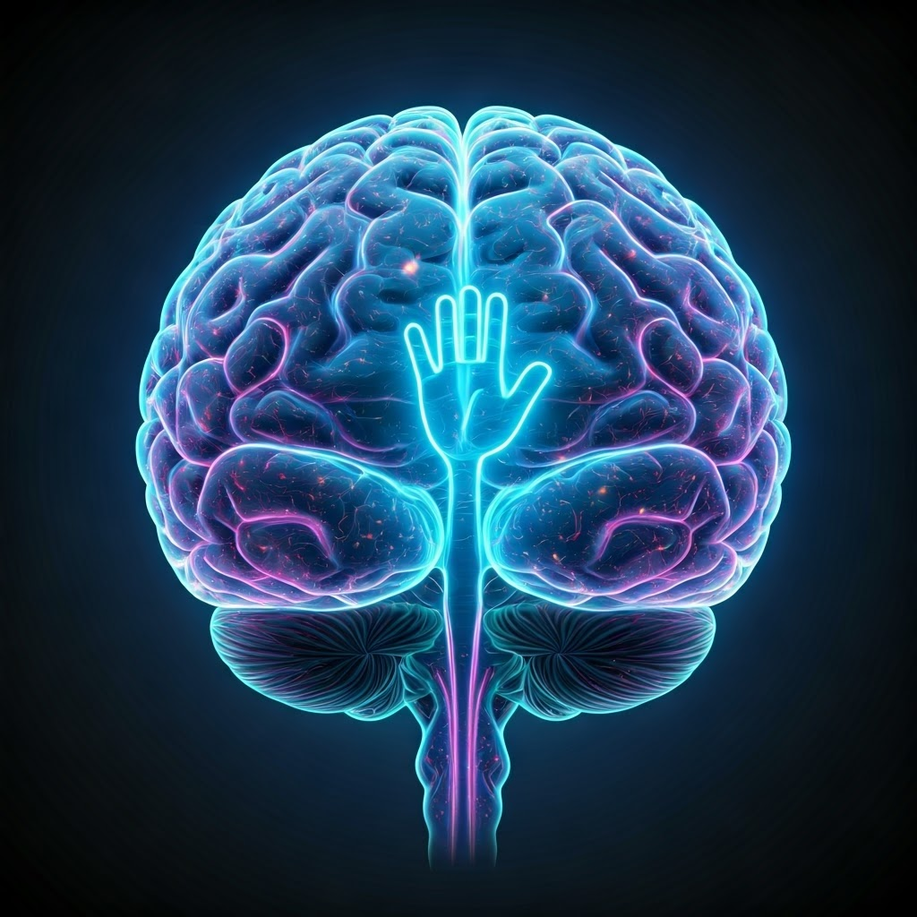 Futuristic cutaway of a human brain shown as a neon-lit control room where glowing pathways highlight how intention starts movement