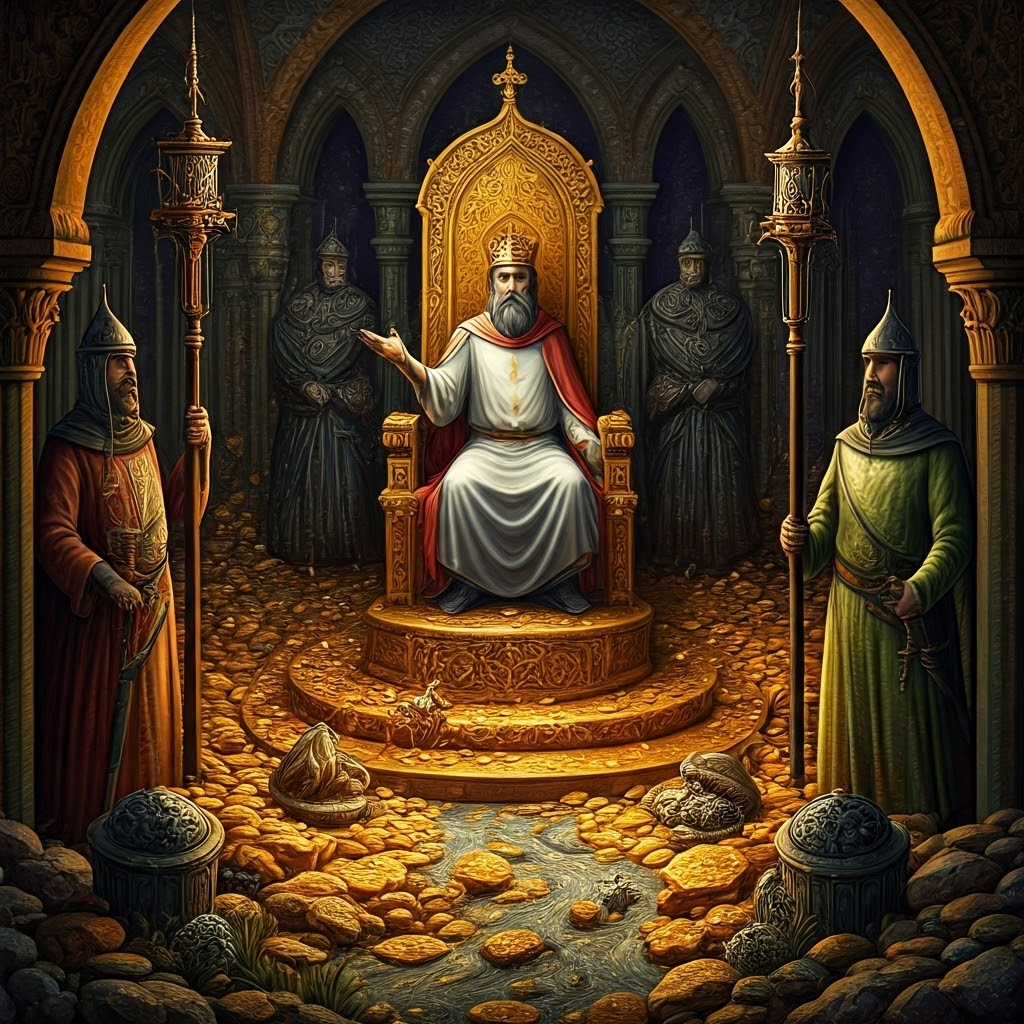 A legendary Christian king sits on a golden throne amid rivers of treasure and mythical beasts