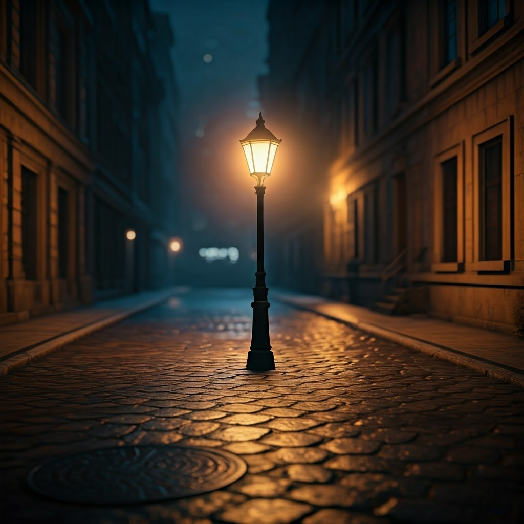 Warm streetlamp lighting a wet cobblestone alley at night, highlighting the steady glow that once symbolized predictable classical physics