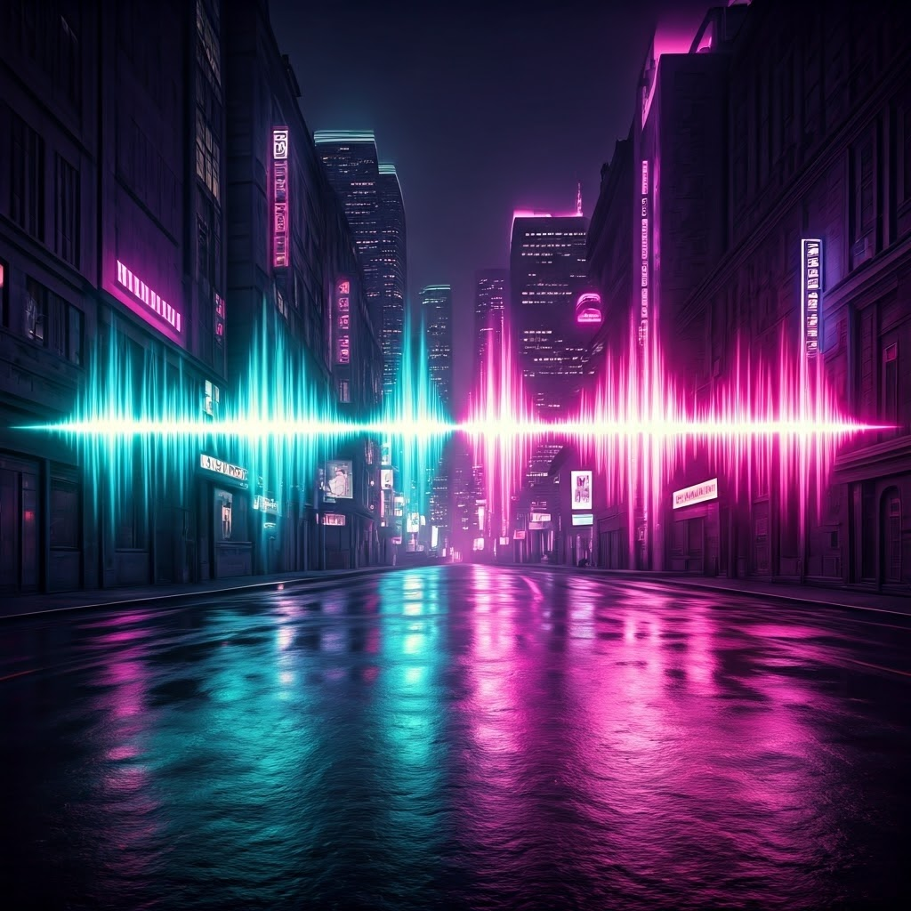 Sound waves as teal pulses hugging buildings while pink light beams shoot through space, contrasting sound needing a medium with light traveling in vacuum.