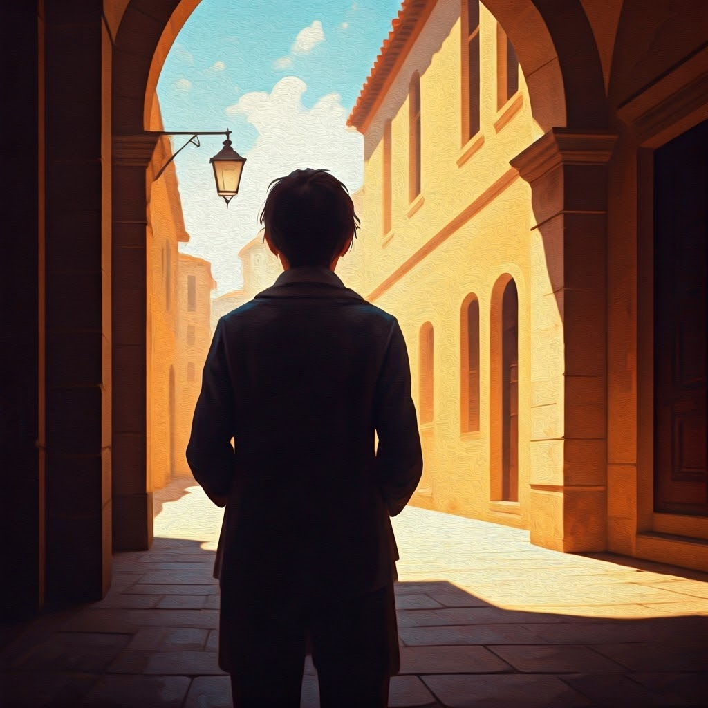 An impressionistic scene of a contemplative figure exploring life's mysteries in warm, historic surroundings