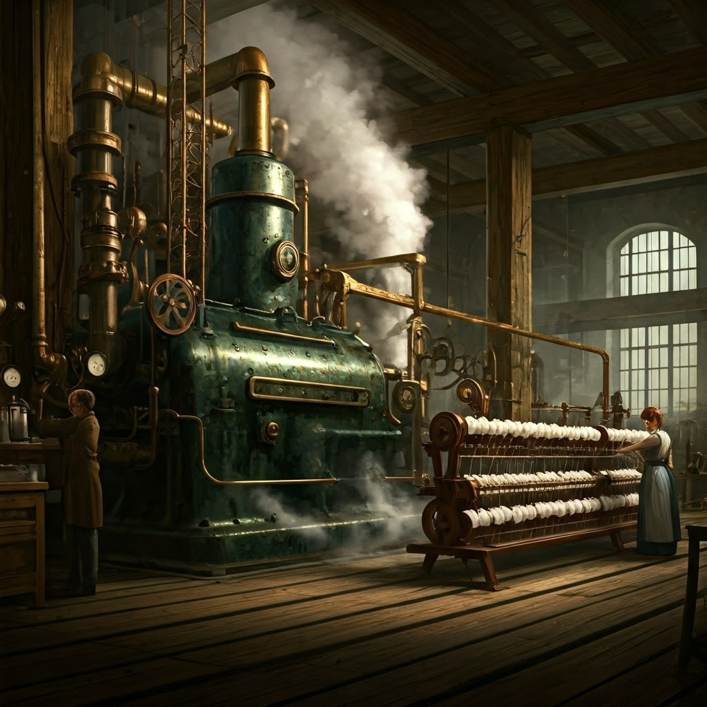Moody steampunk illustration of a steam engine driving belt-powered machines while a woman tends a spinning jenny