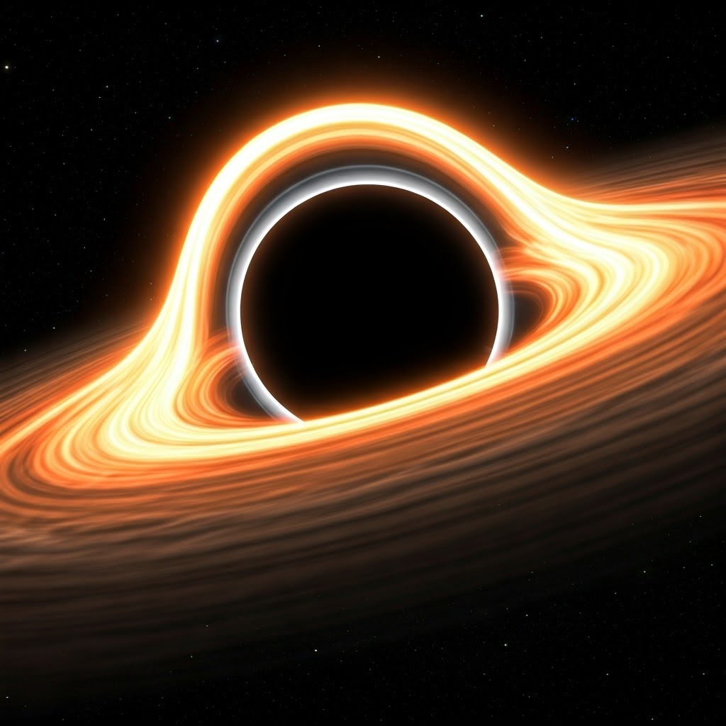 Accretion disk glowing orange and white as hot gas spirals into a black hole