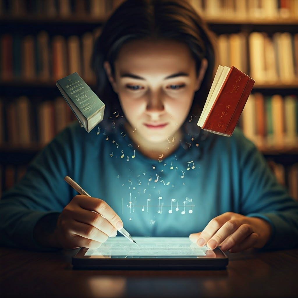 Student in library spotlighted by acetylcholine molecules, symbolizing deep, selective attention during learning.