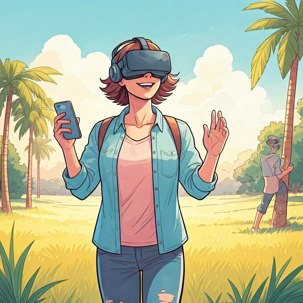 Two users show freedom of standalone VR and DIY mobile headset outdoors.