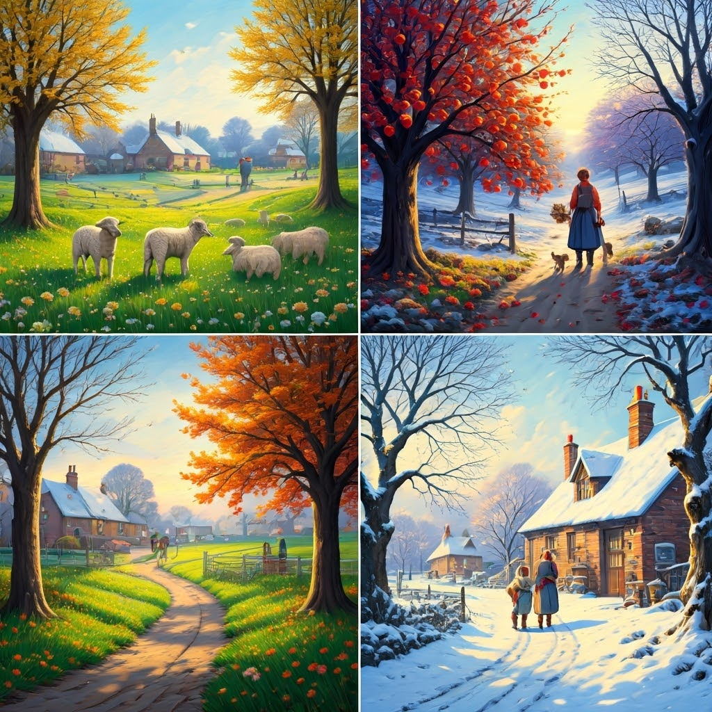 Four seasonal countryside scenes blended into one, illustrating how nature signals spring, summer, autumn, and winter.