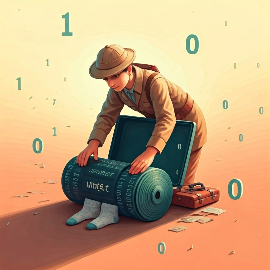 A whimsical scene shows an explorer packing microchips labeled uint8_t into a suitcase, symbolizing tight memory management.