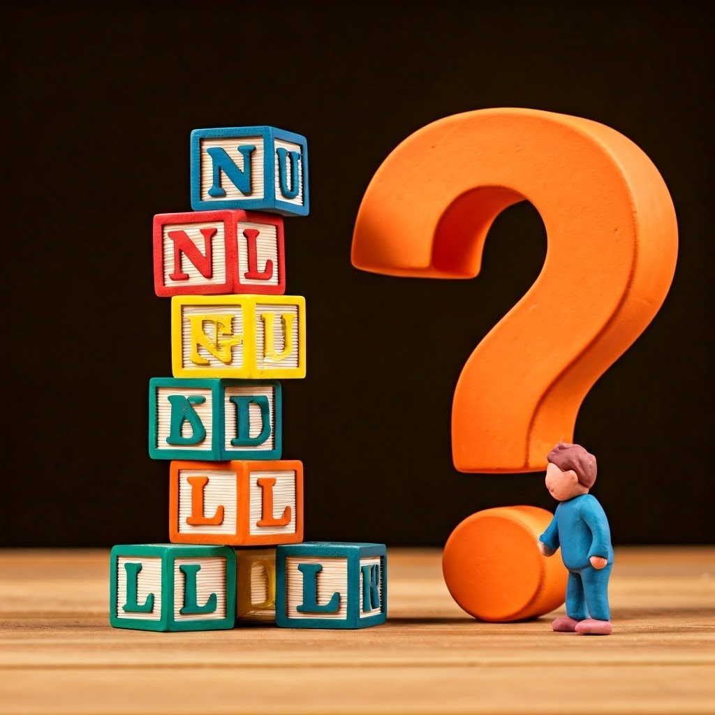 Playful claymation blocks labeled NULL piling up beside a question mark.
